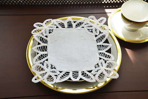 White Square Battenburg Lace Doilies 9"x9" Square. 6 pieces